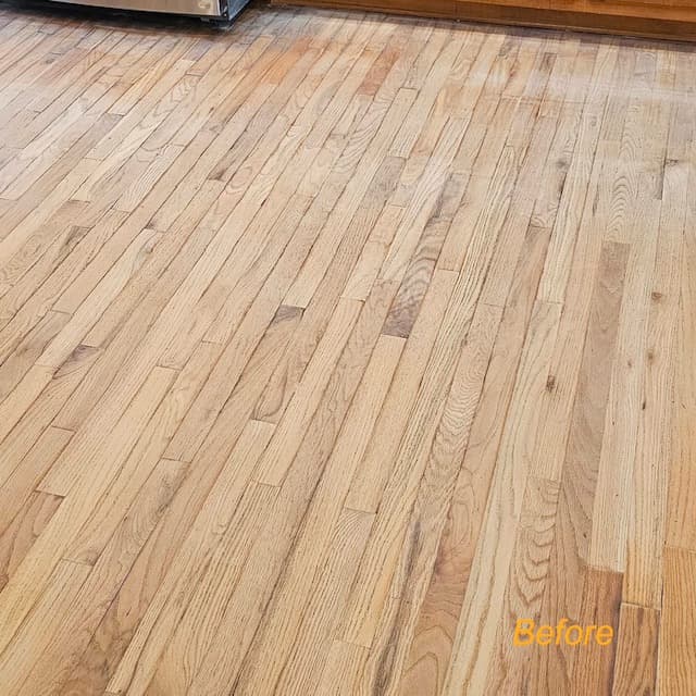 Red oak living room floor — worn and dull before treatment