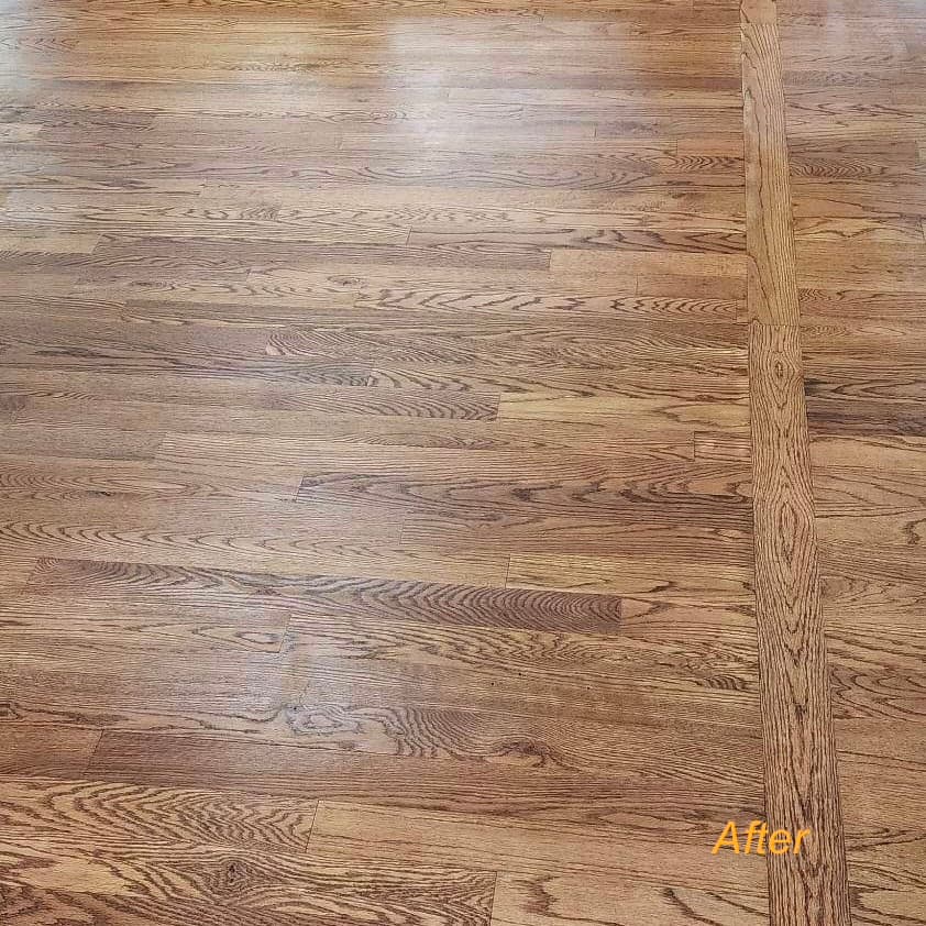 Oak floor with transition seam — restored to even finish