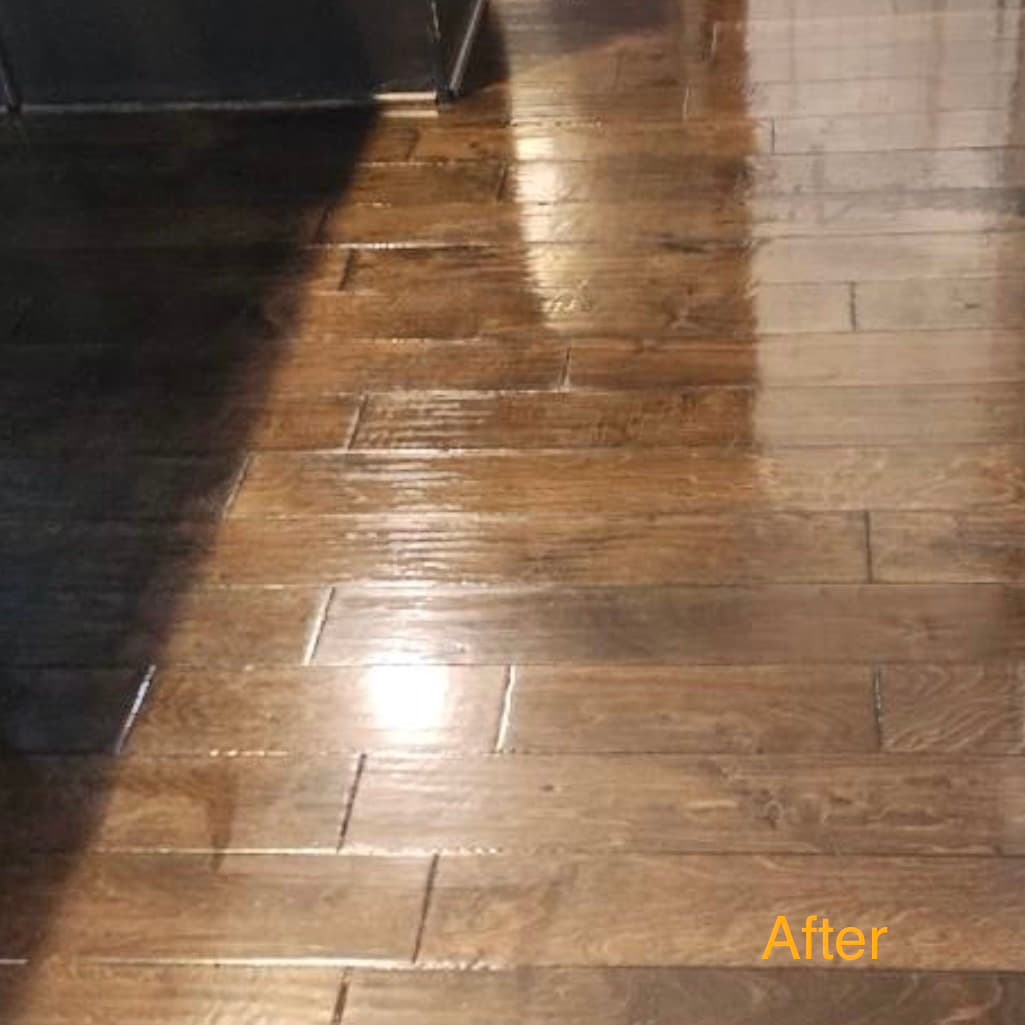 Dark scraped hardwood — fully restored after restorative refinish